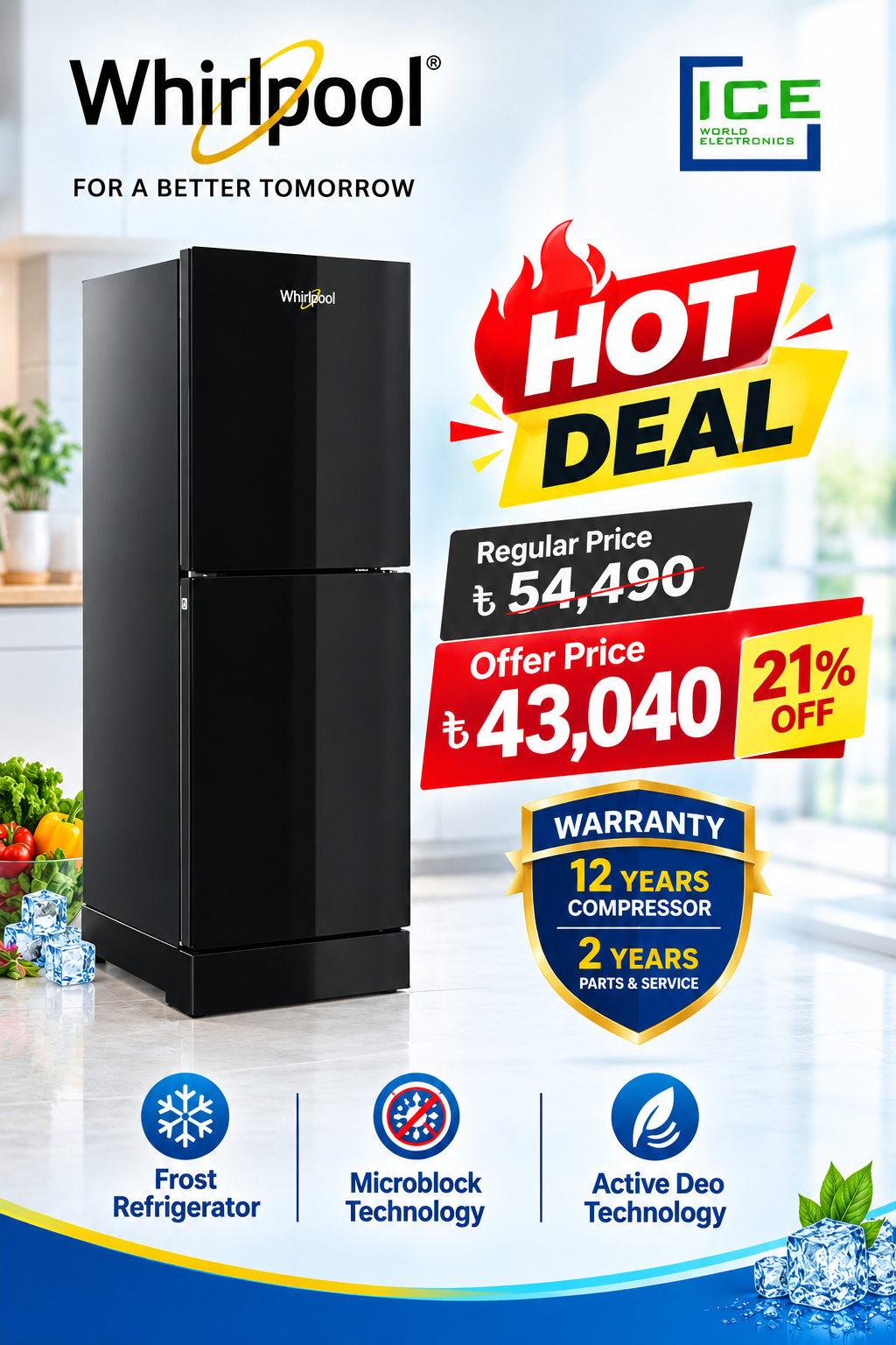 Whirlpool Fresh Magic Pro 278L Crystal Black Refrigerator